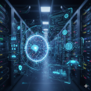 A futuristic digital interface overlaid on a blurred background of server racks in a data center.