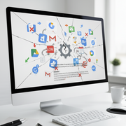 A computer screen with a broken Google account logo at the center and the different Google Apps surrounding it.