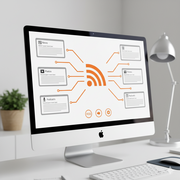 A minimalist computer screen showing a WiFi logo at the center branching out to different factors behind the importance of Feeds or RSS.