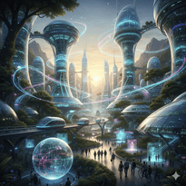 A vibrant, futuristic city seamlessly integrated with nature at sunset. The scene emphasizes harmony between advanced technology and human well-being.