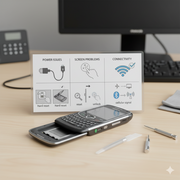 A Motorola Milestone 2 unit place on top of a table with a laminated troubleshooting guide at the back. There are also some tools beside the mobile device.