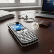 An image of the legendary Nokia E71 placed over the tabletop just an inch away from a laptop. The mobile device show it's dimension through linear measurement.