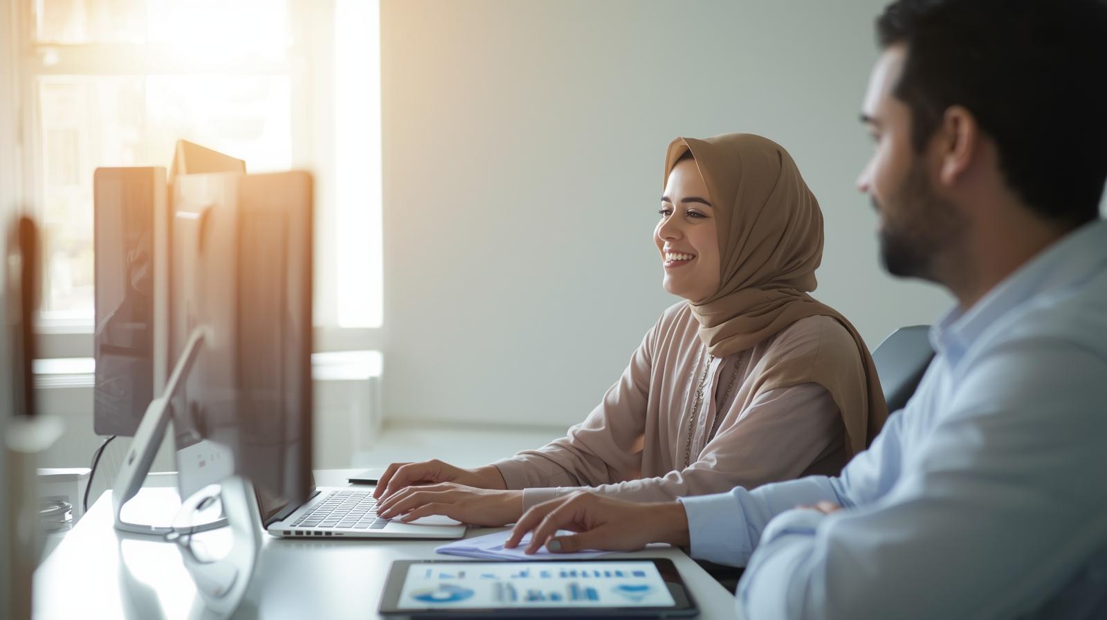 Small business owner smiling while working with blurred digital tools in bright workspace.