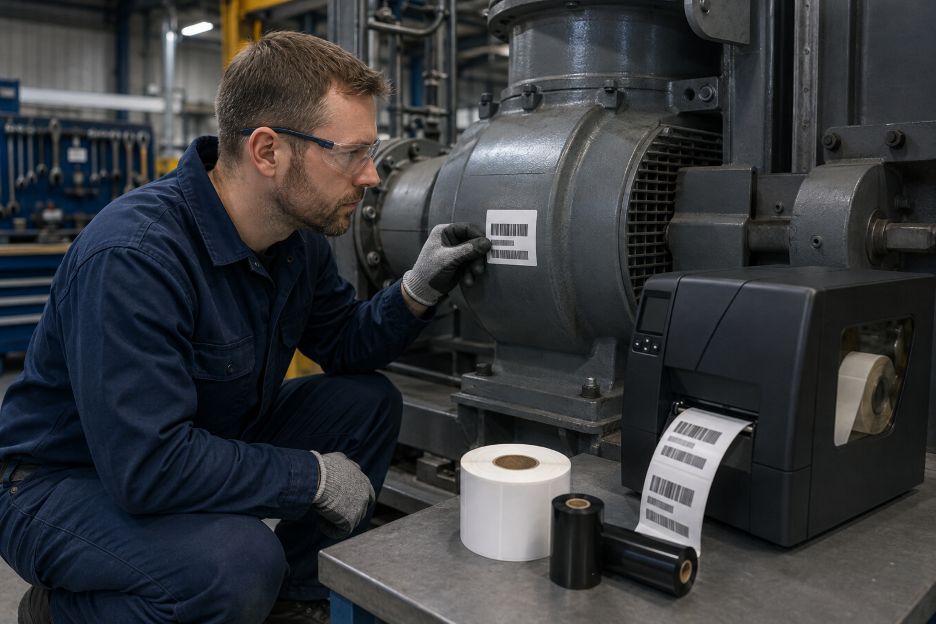 Technician inspecting a machinery label
